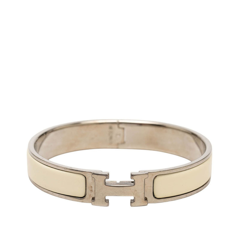 Hermes Click H GM Costume Bracelet Bangle Silver White Metal Enamel Women's H...